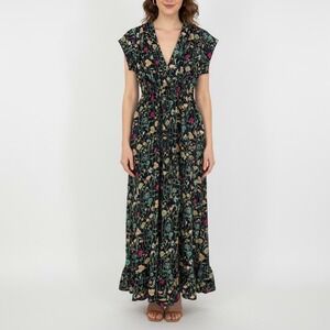 BETINA Floral Print Maxi Dress Deep V Neck Smocked Waist Tie Back Navy